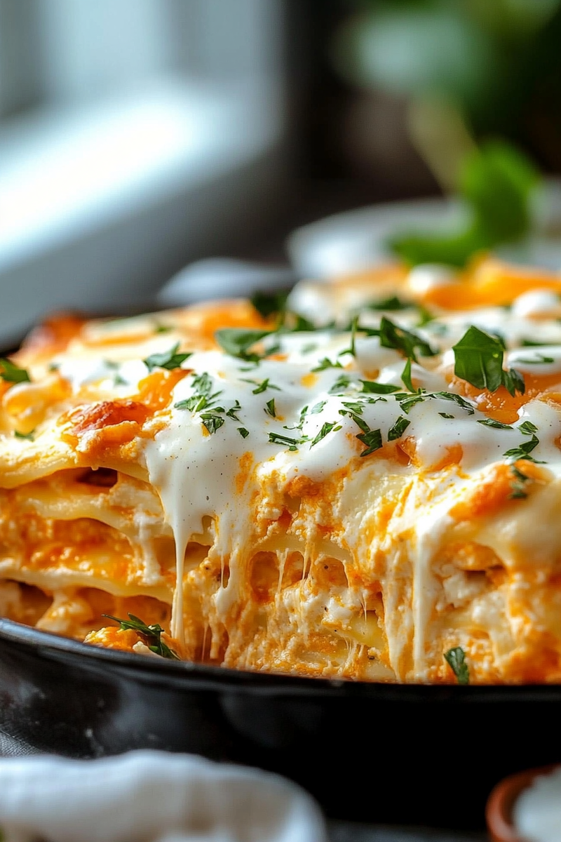 Delicious cheesy buffalo chicken lasagna topped with a ranch drizzle. Perfect comfort food for any occasion!